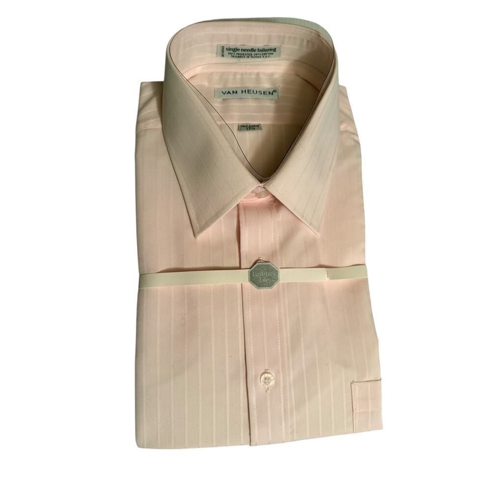 Vintage men Van Heusen Dress Shirt 17.5 Pink Striped Lustrous Life NOS Deadstock